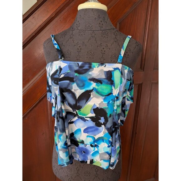 Aqua Green Womens Floral Printed Tankini Top L Adjustable Straps Multicolor - Picture 1 of 8
